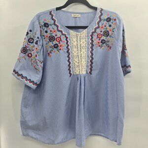 Jennifer & Grace Blue White Striped Embroidered Lace Short Sleeved Blouse 1x